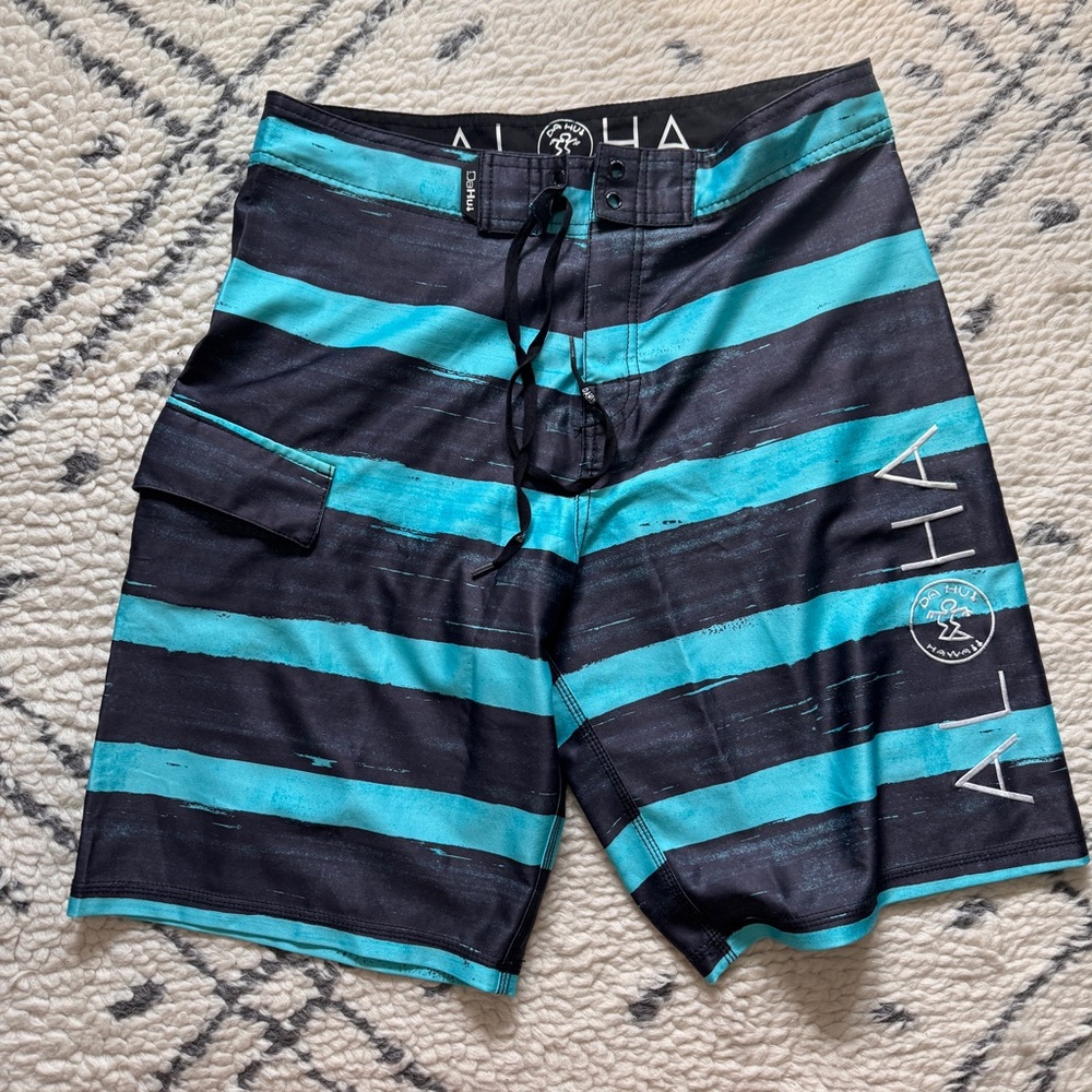 EUC ALOHA DA HUI HAWAII Board Swim Trunk 32 Blue Teal Stripe